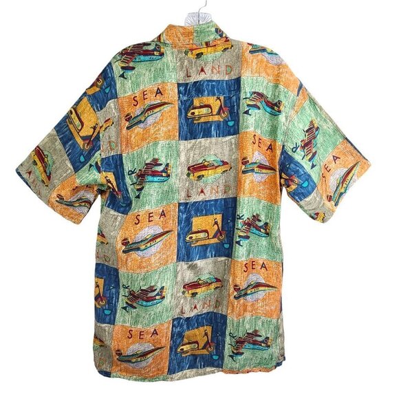 Vintage BURMA BIBAS Travel Adventure Boat Plane Scooter Wild Silk Button Up - Picture 2 of 8